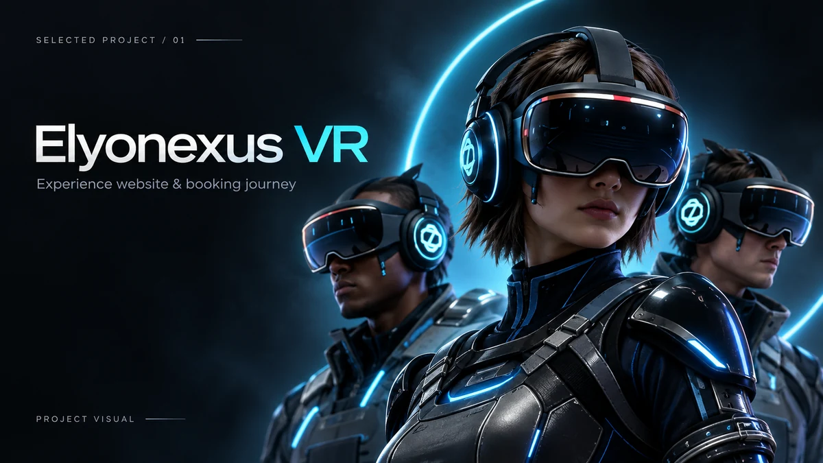 Elyonexus VR — illustrative cover with a group wearing VR headsets; experience website and booking journey.
